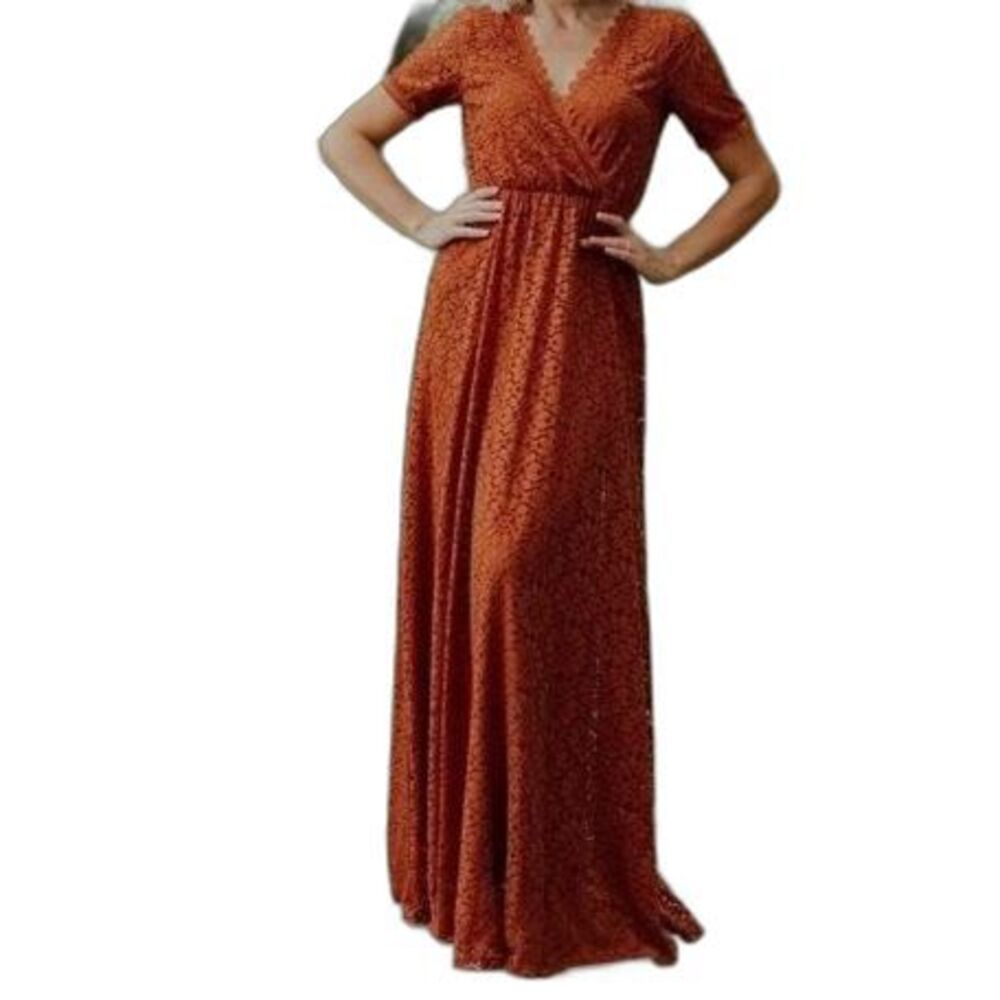 Baltic Born Burnt Orange Lace V-Neck Maxi Dress